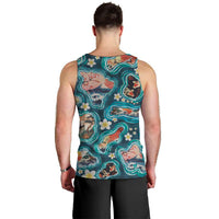 Hawaiian and Japanese Culture Together Men Tank Top Hawaiian Island Shapes with Japanese Landscape Teal Color