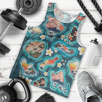 Hawaiian and Japanese Culture Together Men Tank Top Hawaiian Island Shapes with Japanese Landscape Teal Color