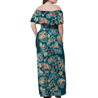 Hawaiian and Japanese Culture Together Off Shoulder Maxi Dress Hawaiian Island Shapes with Japanese Landscape Teal Color