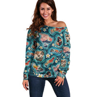 Hawaiian and Japanese Culture Together Off Shoulder Sweater Hawaiian Island Shapes with Japanese Landscape Teal Color