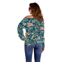 Hawaiian and Japanese Culture Together Off Shoulder Sweater Hawaiian Island Shapes with Japanese Landscape Teal Color