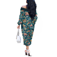 Hawaiian and Japanese Culture Together Off The Shoulder Long Sleeve Dress Hawaiian Island Shapes with Japanese Landscape Teal Color