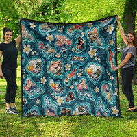 Hawaiian and Japanese Culture Together Quilt Hawaiian Island Shapes with Japanese Landscape Teal Color