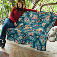 Hawaiian and Japanese Culture Together Quilt Hawaiian Island Shapes with Japanese Landscape Teal Color