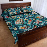 Hawaiian and Japanese Culture Together Quilt Bed Set Hawaiian Island Shapes with Japanese Landscape Teal Color