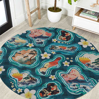 Hawaiian and Japanese Culture Together Round Carpet Hawaiian Island Shapes with Japanese Landscape Teal Color