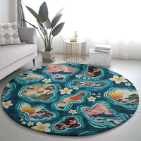 Hawaiian and Japanese Culture Together Round Carpet Hawaiian Island Shapes with Japanese Landscape Teal Color