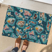 Hawaiian and Japanese Culture Together Rubber Doormat Hawaiian Island Shapes with Japanese Landscape Teal Color