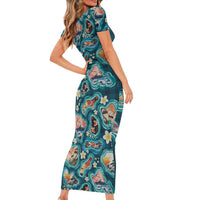 Hawaiian and Japanese Culture Together Short Sleeve Bodycon Dress Hawaiian Island Shapes with Japanese Landscape Teal Color