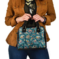 Hawaiian and Japanese Culture Together Shoulder Handbag Hawaiian Island Shapes with Japanese Landscape Teal Color