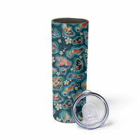 Hawaiian and Japanese Culture Together Skinny Tumbler Hawaiian Island Shapes with Japanese Landscape Teal Color