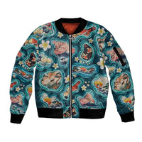 Hawaiian and Japanese Culture Together Sleeve Zip Bomber Jacket Hawaiian Island Shapes with Japanese Landscape Teal Color