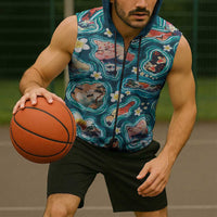 Hawaiian and Japanese Culture Together Sleeveless Zip Hoodie Hawaiian Island Shapes with Japanese Landscape Teal Color
