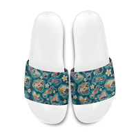 Hawaiian and Japanese Culture Together Slide Sandals Hawaiian Island Shapes with Japanese Landscape Teal Color