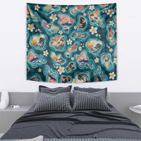Hawaiian and Japanese Culture Together Tapestry Hawaiian Island Shapes with Japanese Landscape Teal Color