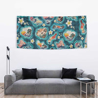Hawaiian and Japanese Culture Together Tapestry Hawaiian Island Shapes with Japanese Landscape Teal Color