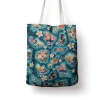 Hawaiian and Japanese Culture Together Tote Bag Hawaiian Island Shapes with Japanese Landscape Teal Color