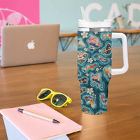 Hawaiian and Japanese Culture Together Tumbler With Handle Hawaiian Island Shapes with Japanese Landscape Teal Color