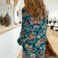 Hawaiian and Japanese Culture Together Women Casual Shirt Hawaiian Island Shapes with Japanese Landscape Teal Color