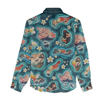 Hawaiian and Japanese Culture Together Women Casual Shirt Hawaiian Island Shapes with Japanese Landscape Teal Color