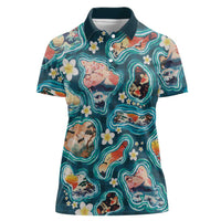 Hawaiian and Japanese Culture Together Women Polo Shirt Hawaiian Island Shapes with Japanese Landscape Teal Color