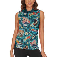 Hawaiian and Japanese Culture Together Women Sleeveless Polo Shirt Hawaiian Island Shapes with Japanese Landscape Teal Color