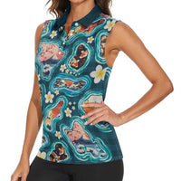 Hawaiian and Japanese Culture Together Women Sleeveless Polo Shirt Hawaiian Island Shapes with Japanese Landscape Teal Color