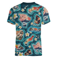 Hawaiian and Japanese Culture Together Women V-Neck T-Shirt Hawaiian Island Shapes with Japanese Landscape Teal Color