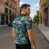 Hawaiian and Japanese Culture Together Zipper Polo Shirt Hawaiian Island Shapes with Japanese Landscape Teal Color