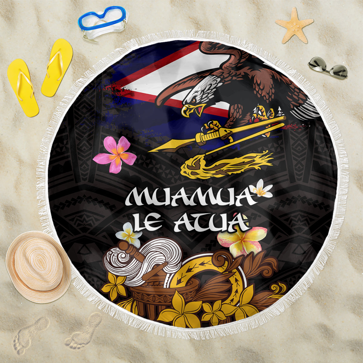 American Samoa Fue and Kava Bowl Beach Blanket Plumeria and Polynesian Pattern
