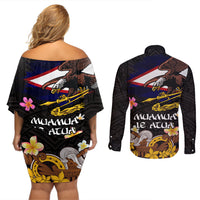 American Samoa Fue and Kava Bowl Couples Matching Off Shoulder Short Dress and Long Sleeve Button Shirt Plumeria and Polynesian Pattern