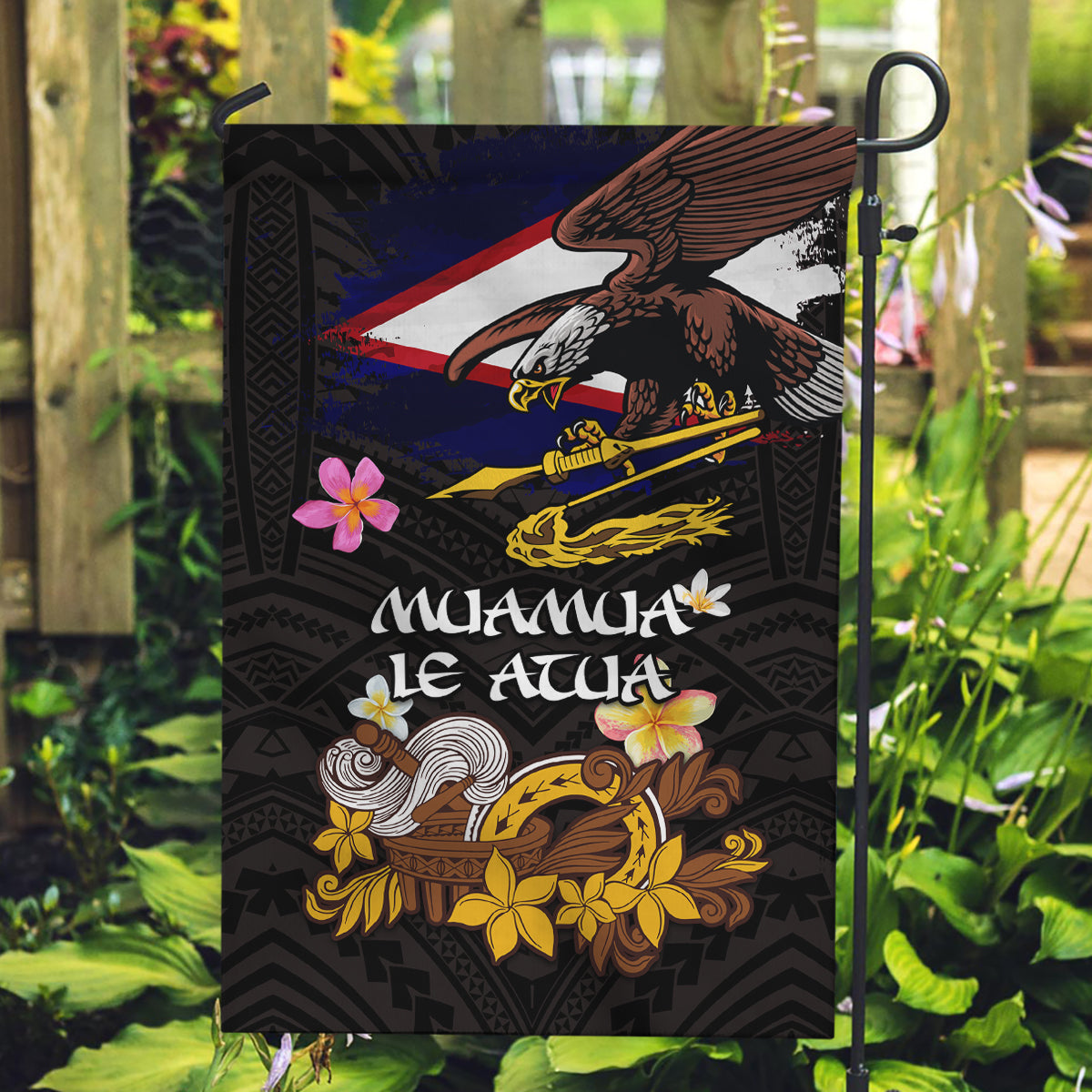 American Samoa Fue and Kava Bowl Garden Flag Plumeria and Polynesian Pattern