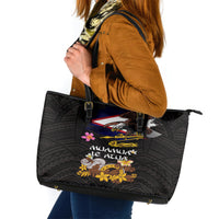 American Samoa Fue and Kava Bowl Leather Tote Bag Plumeria and Polynesian Pattern LT03 Black - Polynesian Pride