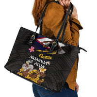 American Samoa Fue and Kava Bowl Leather Tote Bag Plumeria and Polynesian Pattern LT03 - Polynesian Pride