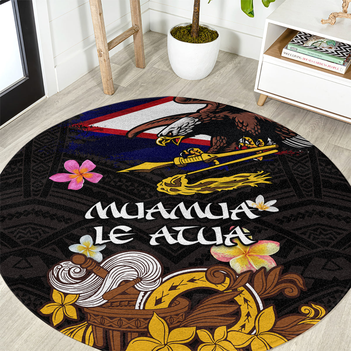 American Samoa Fue and Kava Bowl Round Carpet Plumeria and Polynesian Pattern