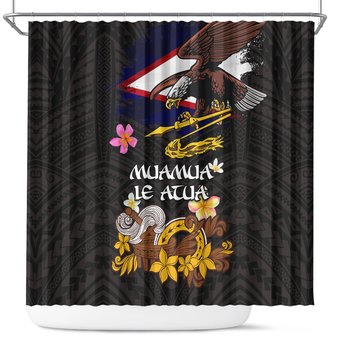 American Samoa Fue and Kava Bowl Shower Curtain Plumeria and Polynesian Pattern