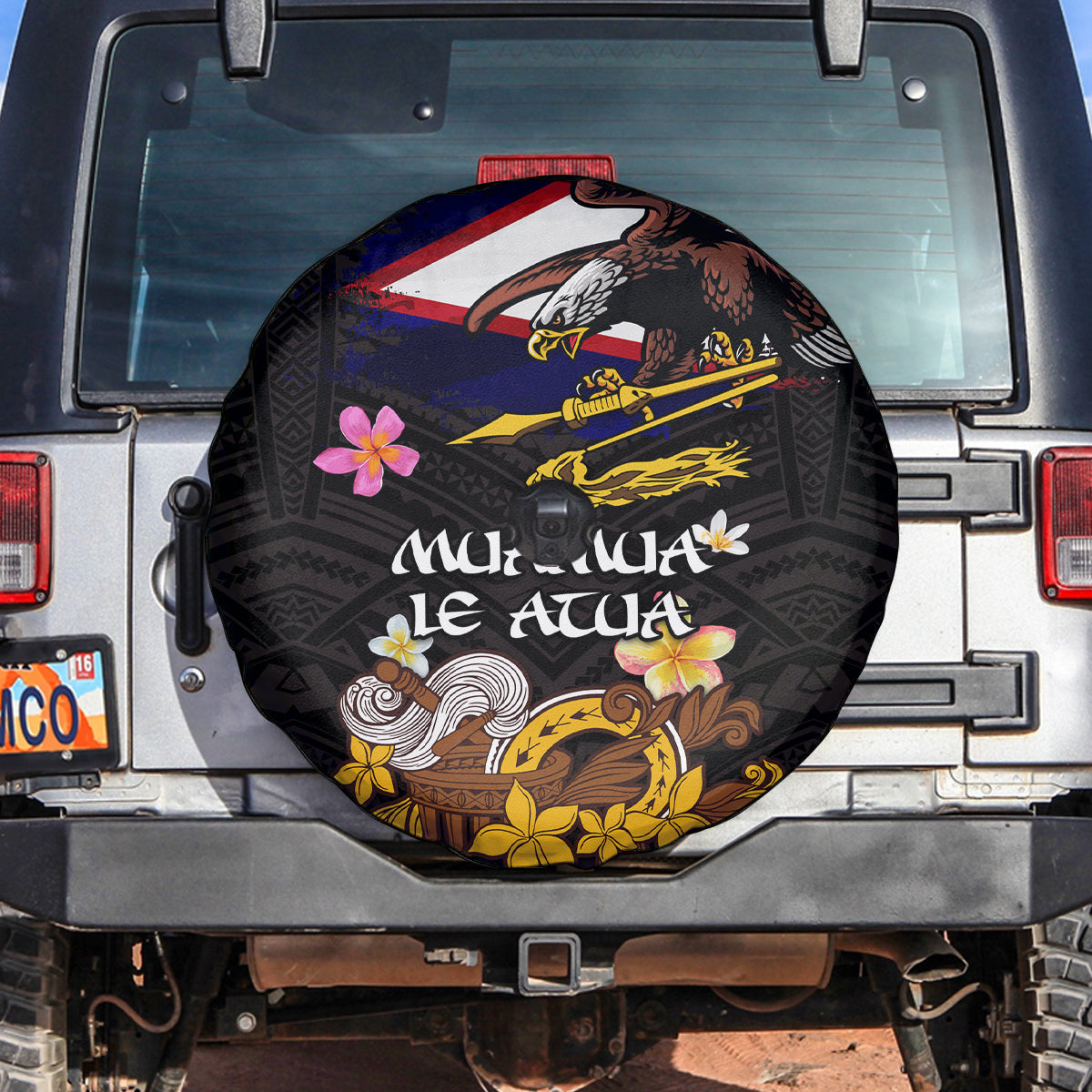 American Samoa Fue and Kava Bowl Spare Tire Cover Plumeria and Polynesian Pattern
