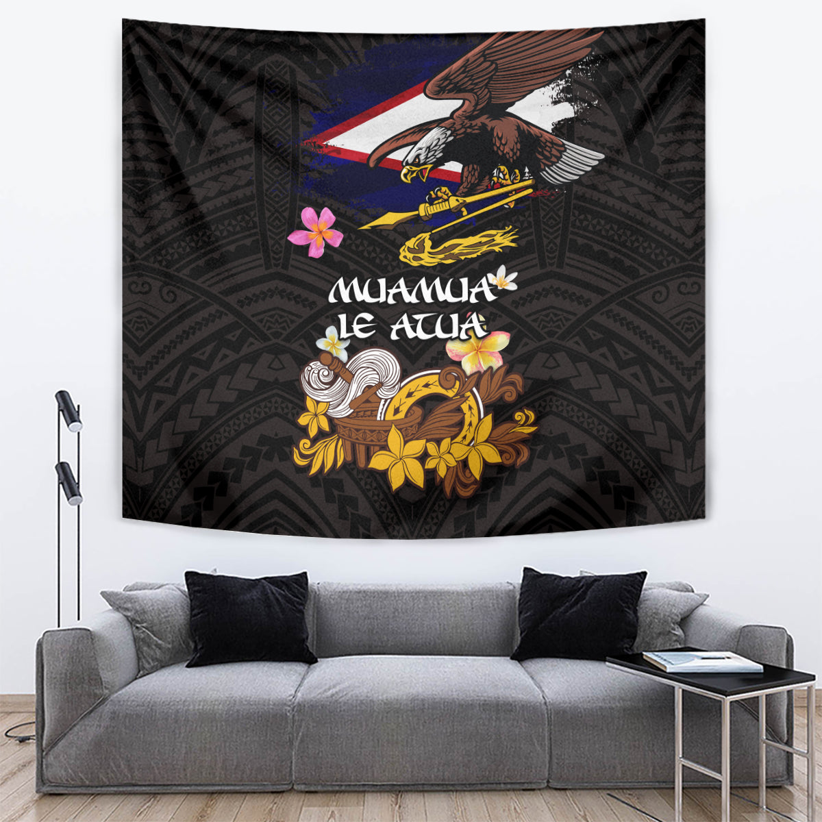 American Samoa Fue and Kava Bowl Tapestry Plumeria and Polynesian Pattern