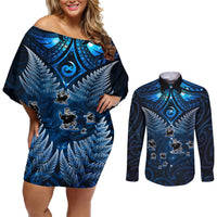 New Zealand Matariki Couples Matching Off Shoulder Short Dress and Long Sleeve Button Shirt Maori Pattern and Kiwi Bird Haka Dance Sky Night LT03 Blue - Polynesian Pride