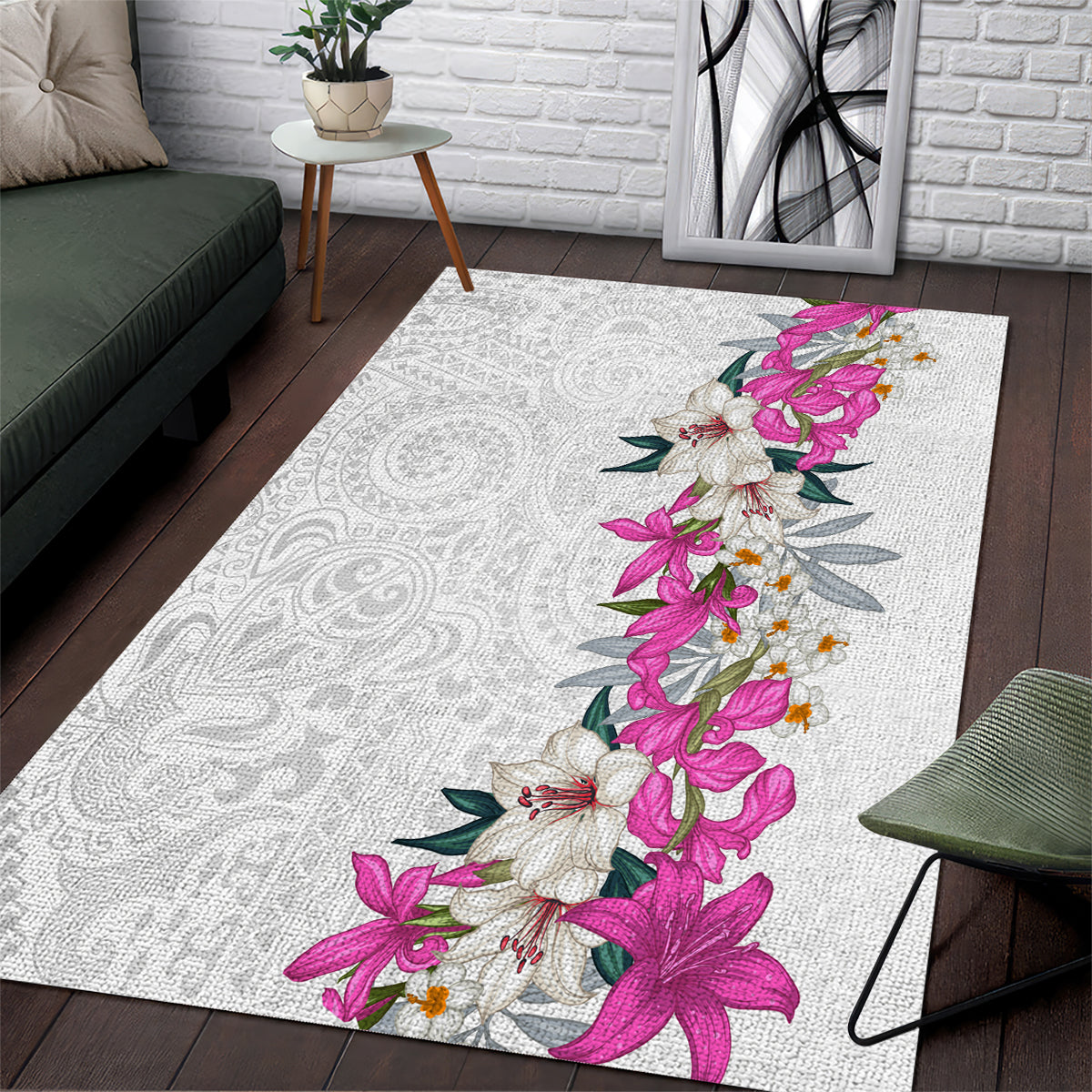 Hawaii Tropical Leaves and Flowers Area Rug Tribal Polynesian Pattern White Style