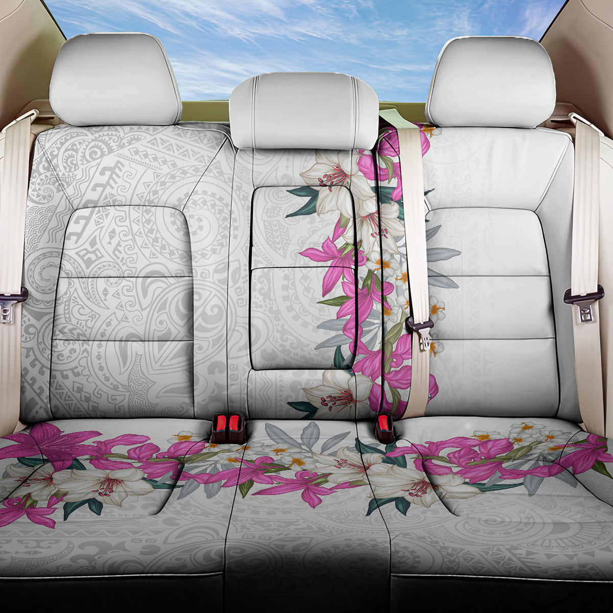 Hawaii Tropical Leaves and Flowers Back Car Seat Cover Tribal Polynesian Pattern White Style