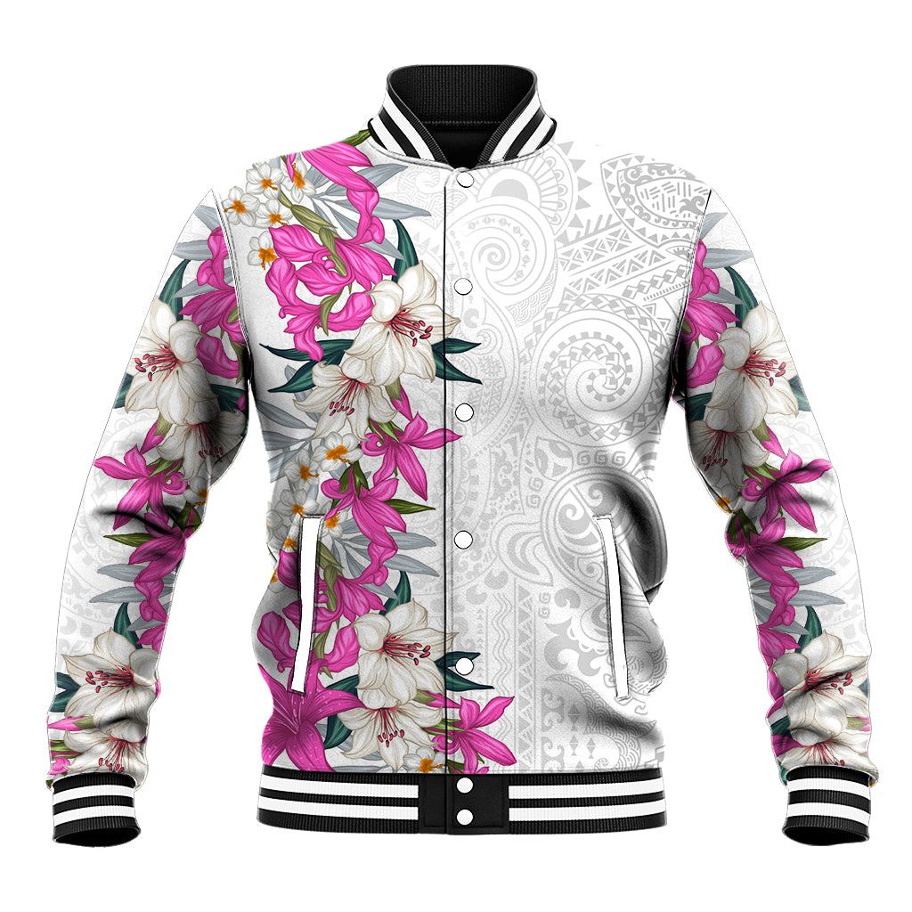 Hawaii Tropical Leaves and Flowers Baseball Jacket Tribal Polynesian Pattern White Style