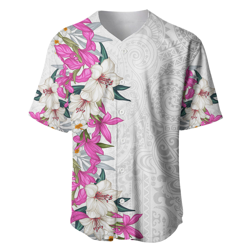 Hawaii Tropical Leaves and Flowers Baseball Jersey Tribal Polynesian Pattern White Style