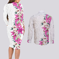 Hawaii Tropical Leaves and Flowers Couples Matching Long Sleeve Bodycon Dress and Long Sleeve Button Shirt Tribal Polynesian Pattern White Style