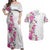 Hawaii Tropical Leaves and Flowers Couples Matching Off Shoulder Maxi Dress and Hawaiian Shirt Tribal Polynesian Pattern White Style