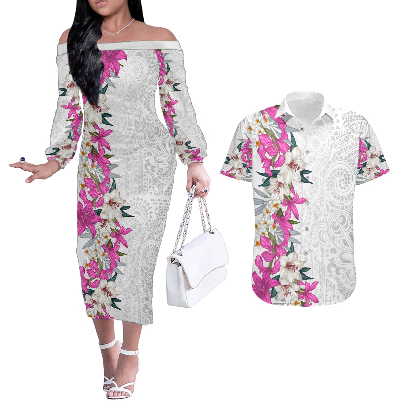 Hawaii Tropical Leaves and Flowers Couples Matching Off The Shoulder Long Sleeve Dress and Hawaiian Shirt Tribal Polynesian Pattern White Style