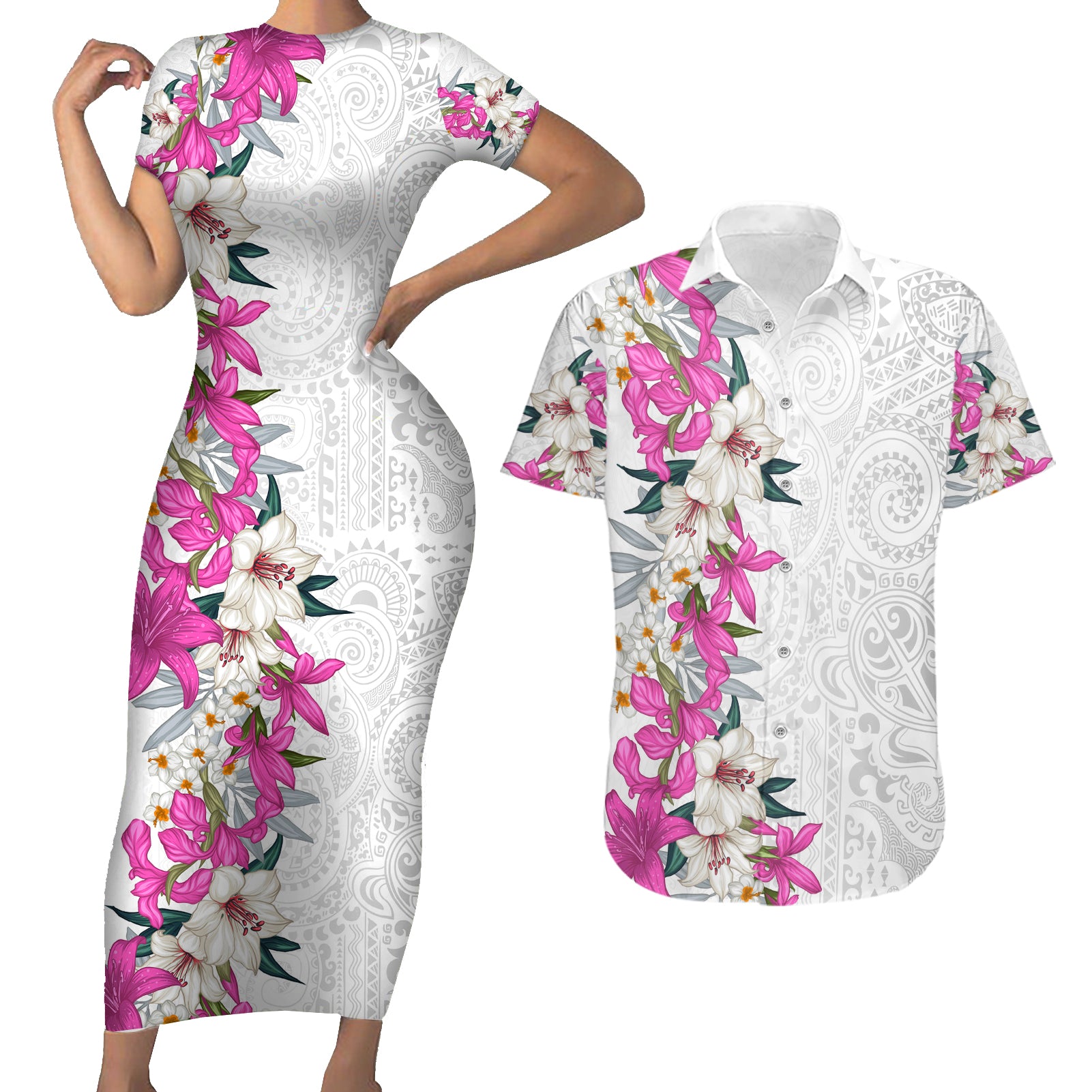 Hawaii Tropical Leaves and Flowers Couples Matching Short Sleeve Bodycon Dress and Hawaiian Shirt Tribal Polynesian Pattern White Style
