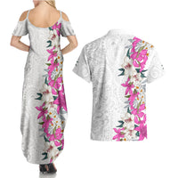 Hawaii Tropical Leaves and Flowers Couples Matching Summer Maxi Dress and Hawaiian Shirt Tribal Polynesian Pattern White Style