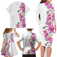 Hawaii Tropical Leaves and Flowers Family Matching Long Sleeve Bodycon Dress and Hawaiian Shirt Tribal Polynesian Pattern White Style