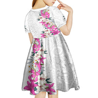 Hawaii Tropical Leaves and Flowers Kid Short Sleeve Dress Tribal Polynesian Pattern White Style